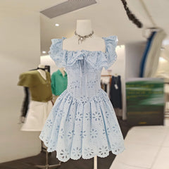 Off-the-Shoulder Ruffled Eyelet Mini Dress