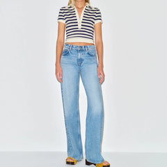 Striped Knit Cropped Polo Shirt