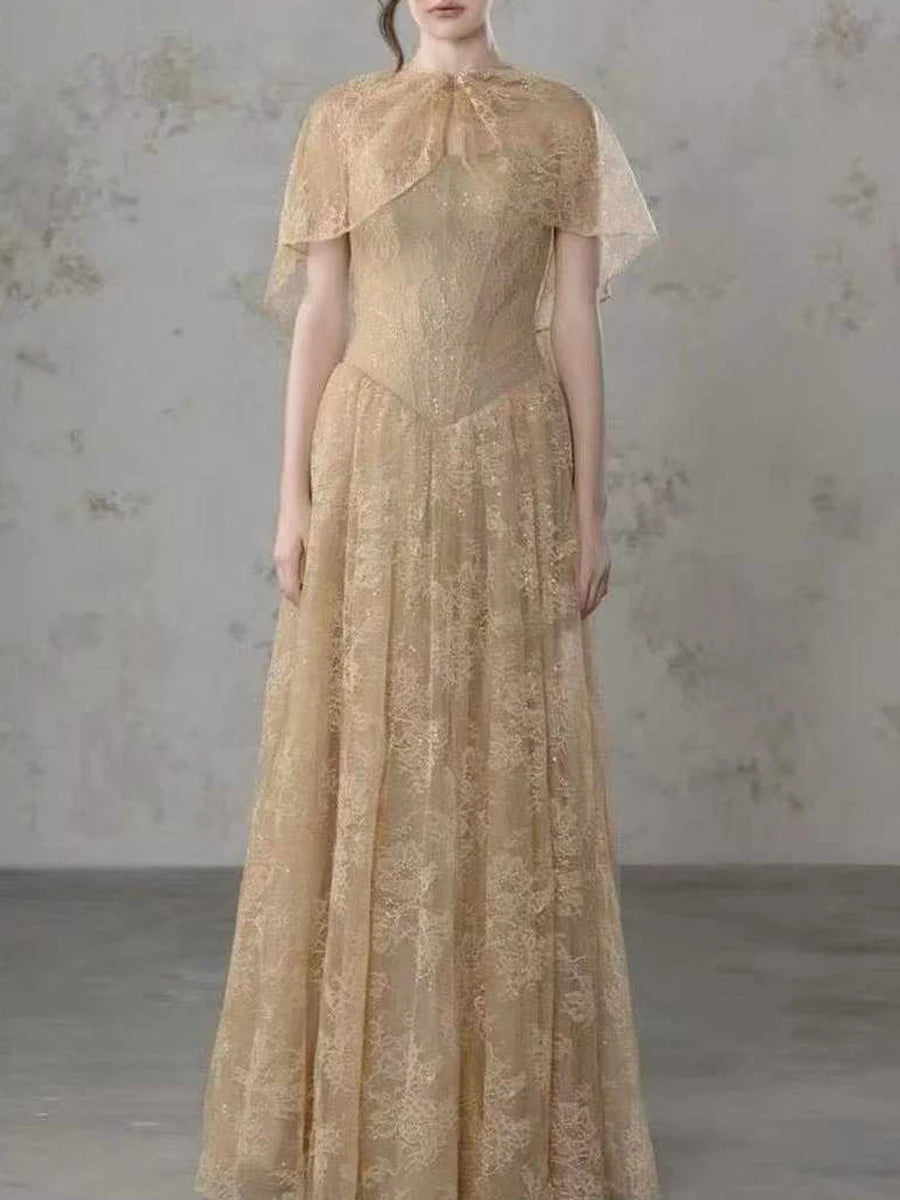 Apricot lace cape sleeve maxi dress