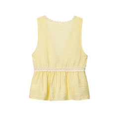 Yellow sleeveless top with lace trim on a white background