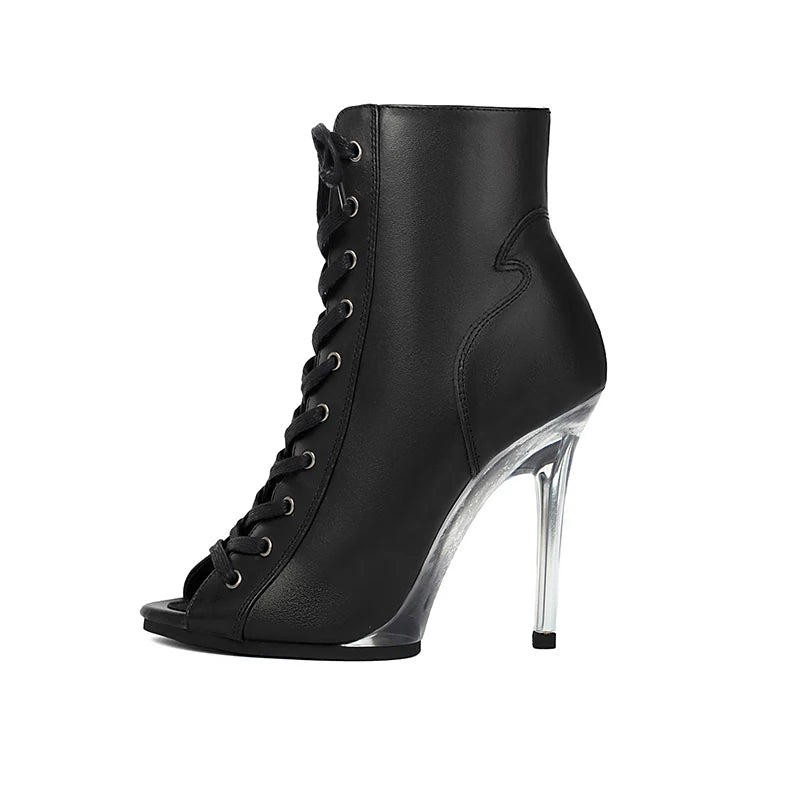Black high-heeled ankle boot with lace-up design on a white background
