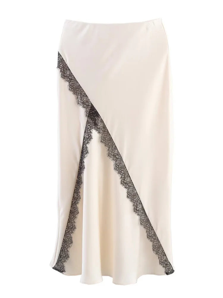 White skirt with black lace trim on a white background