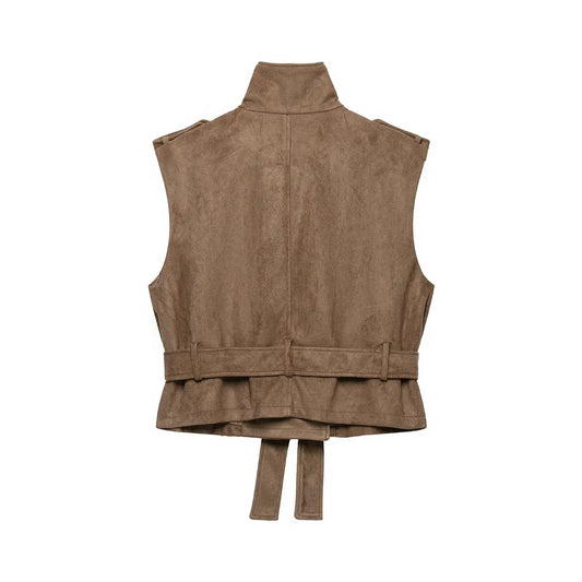 Back view of faux suede double-breasted vest