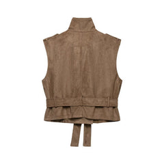 Back view of faux suede double-breasted vest