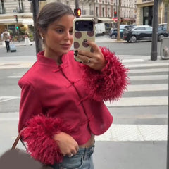 Faux fur cuff mandarin collar cropped jacket red detail