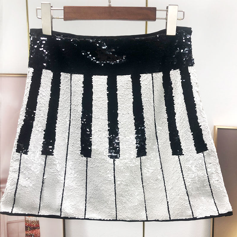 Sequin Piano Key A-Line High Waist Contrast Color Mini Skirt