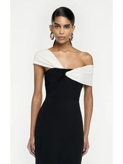 Open Shoulder Patchwork Black White Maxi Dress