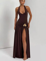 Elegant solid halter backless maxi skirt set in brown.