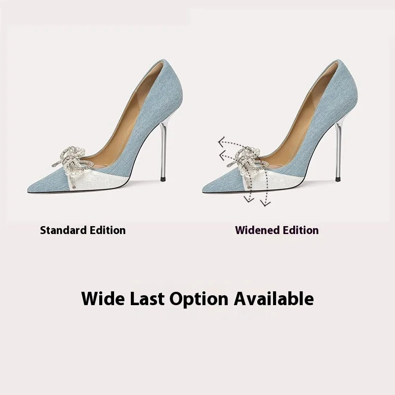 Two pairs of high-heeled shoes, one standard and one widened, on a light gray background.