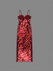 Spaghetti Straps Sequins 3D Flower Women's Long Red Dress