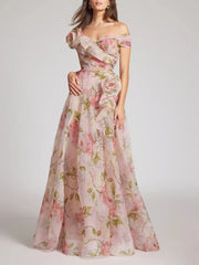 Floral off-shoulder gown on a white background