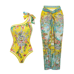 Yellow Print Ruffle Strap Swimwear Set
