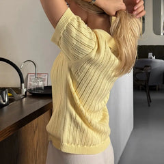 Knitted Collared Short Sleeve V-Neck Top