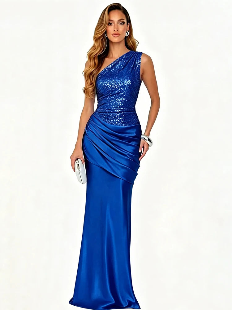 Royal blue one shoulder sequin dress with satin skirt
