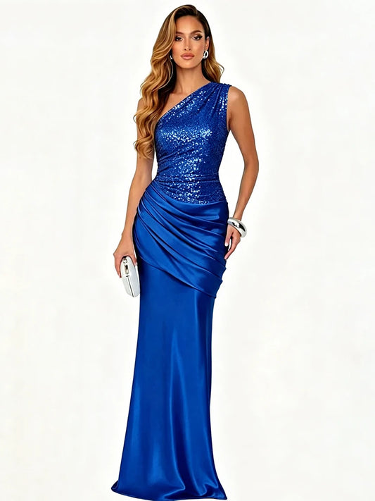 Royal blue one shoulder sequin dress with satin skirt