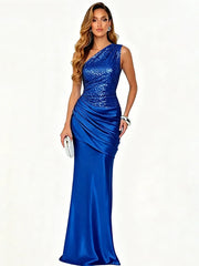 Royal blue one shoulder sequin dress with satin skirt