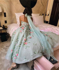 Halter Ball gown Flowers Fold Soutache Chiffon Prom Dress