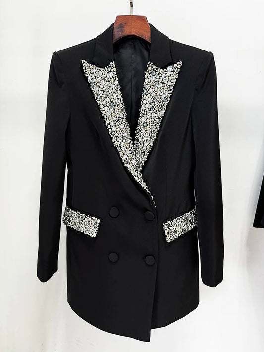Beaded embellished double-breasted blazer displayed on a hanger