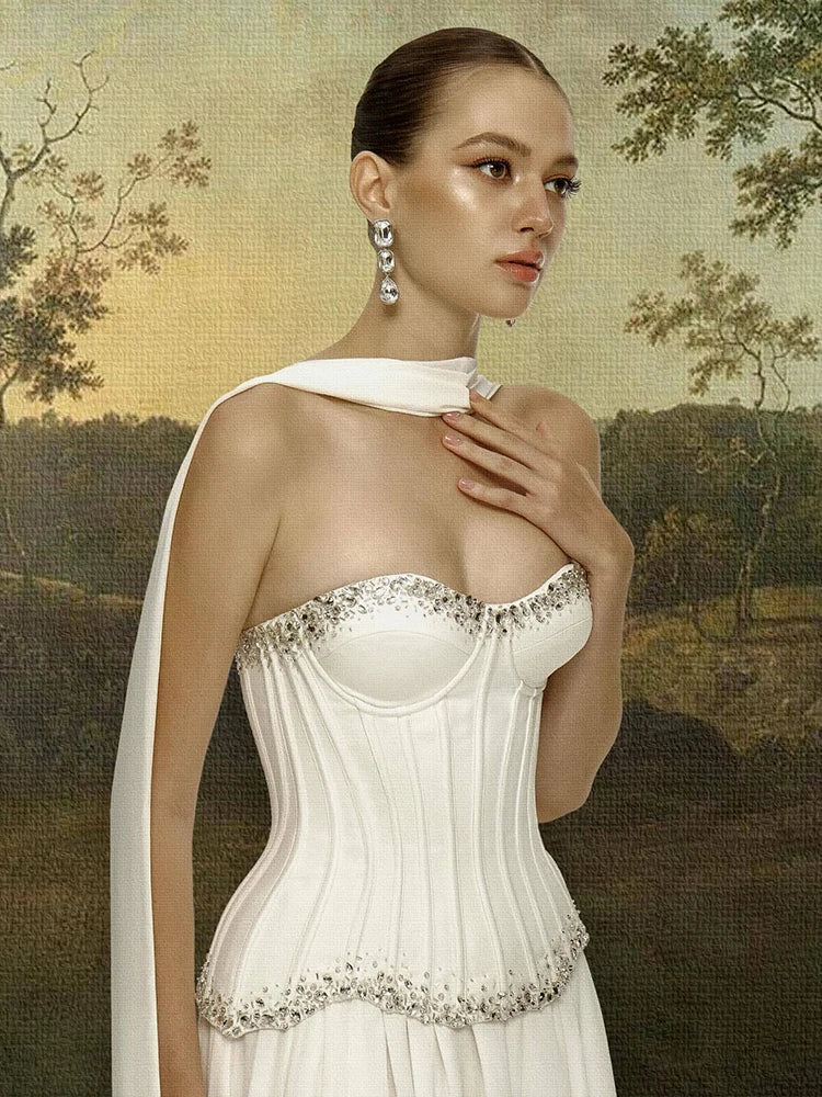 Detail of strapless corset top with crystal embellishments