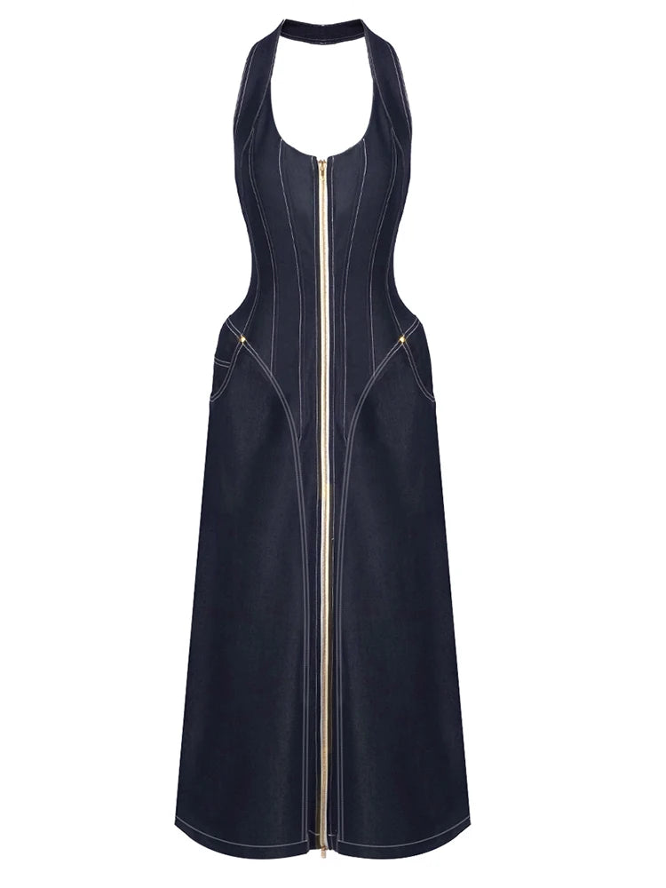 Black sleeveless dress with a zipper on a white background