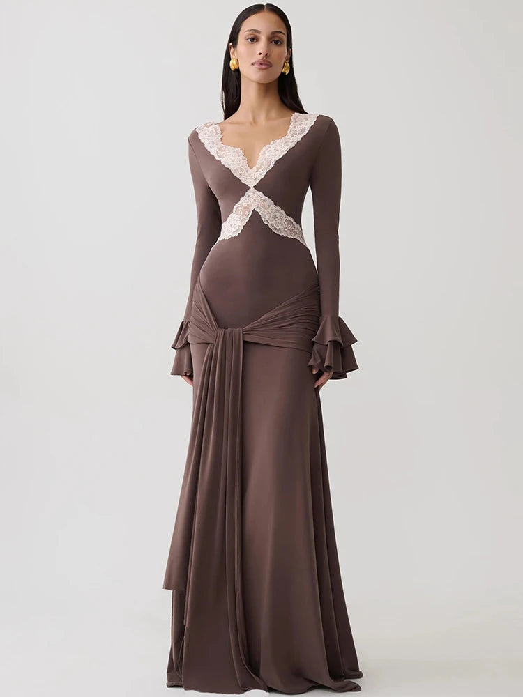 Brown lace trim flare sleeve maxi dress