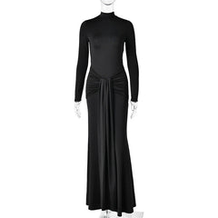 Long Sleeve Turtleneck Drape Tie Up Waist Detail Maxi Dress