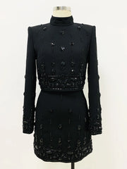 Black embellished stand collar cropped jacket on mannequin