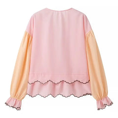 Contrast Puff Sleeve V-Neck Lacing Up Bow Wave Line Hem Top