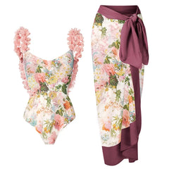 Ruffled Floral Print One-Piece Swimsuit and Maxi Skirt Set