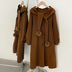 Hooded Wool Blend Coat with Pom-Pom Scarf