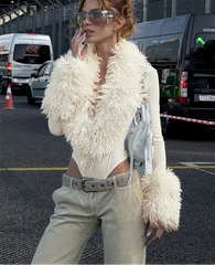 Faux Fur Trimmed V-Neck Long Sleeve Bodysuit
