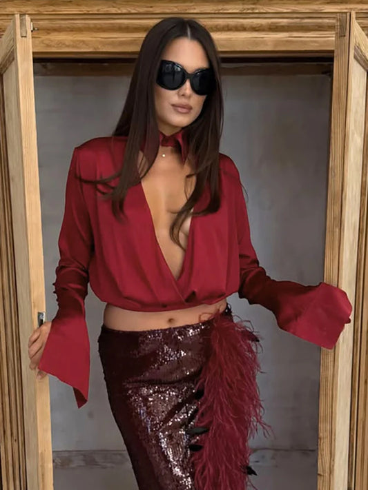 Satin V-neck draped long sleeve top