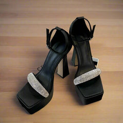 Buckle Strap Open Toe Crystal Platform Square Heel Shoes