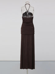Brown Cross Halter Ruched Front Slit Maxi Dress