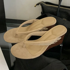 Flock Wedge Heel Flip Flop Sandals