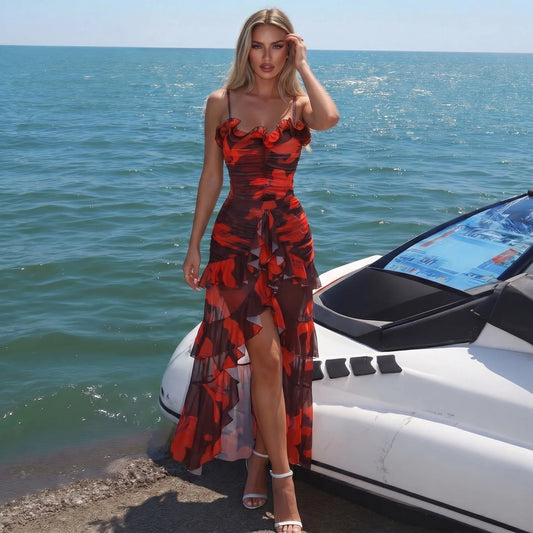 Ruched ruffle trim two-piece set on a woman by a jet ski