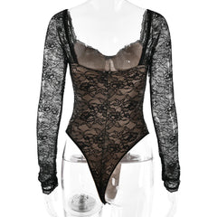 Black Lace Square Neck Long Sleeve Bodysuit