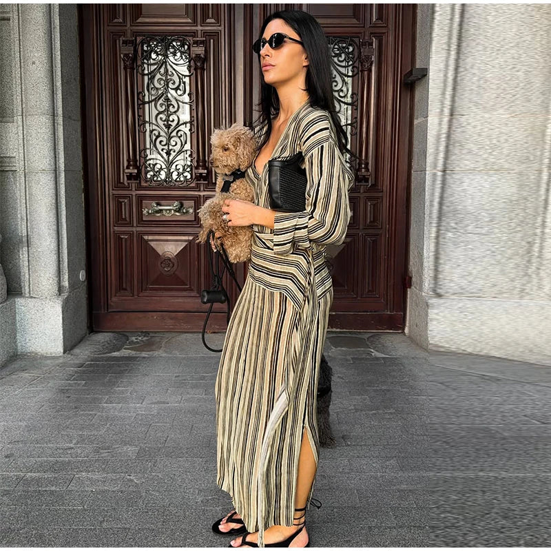 Striped V-Neck Maxi Dress held by model