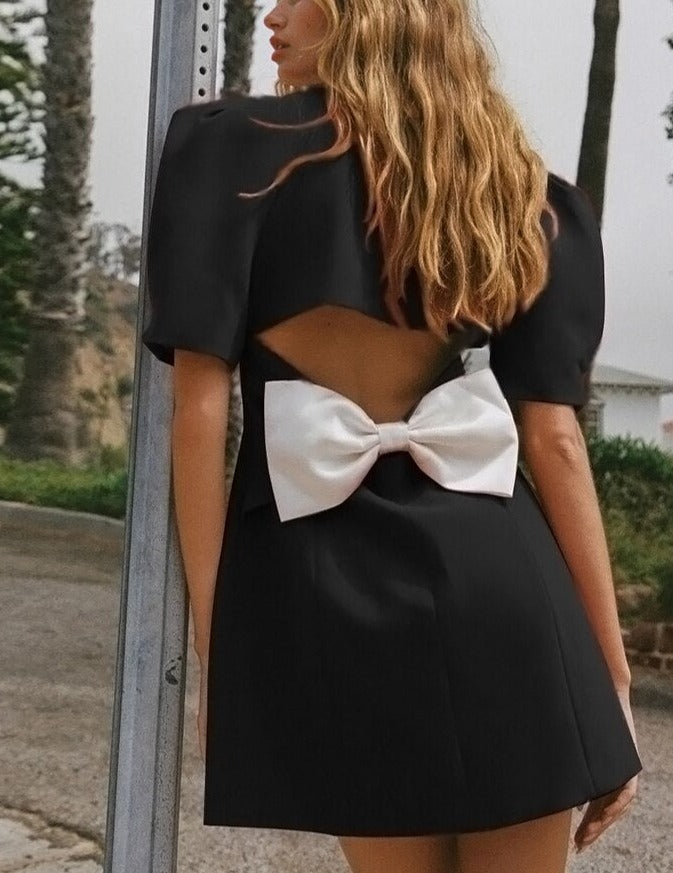 Women's Bubble Short Sleeve Crystal Button Bow Backless Mini Dress