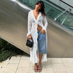 White sheer lace ruffle long sleeve top exterior shot