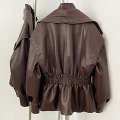 Faux Leather Jacket with Cinched Waist and High Neck Top