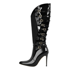 Pointed toe stiletto buckle boots