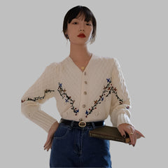 Embroidered Flower Knitted Puff Long Sleeves Cardigans