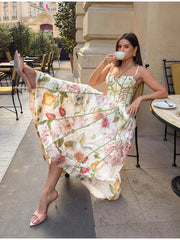 Strappy Corset Bustier Maxi Dress With Floral Motif