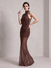 Brown Beaded Turtleneck Sleeveless Stand Neck Maxi Dress