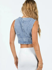 Denim Vest V Neck Solid Color Sleeveless Crop Top