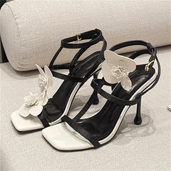 Thin High Heels Square Toe Flower Narrow Band Shoes