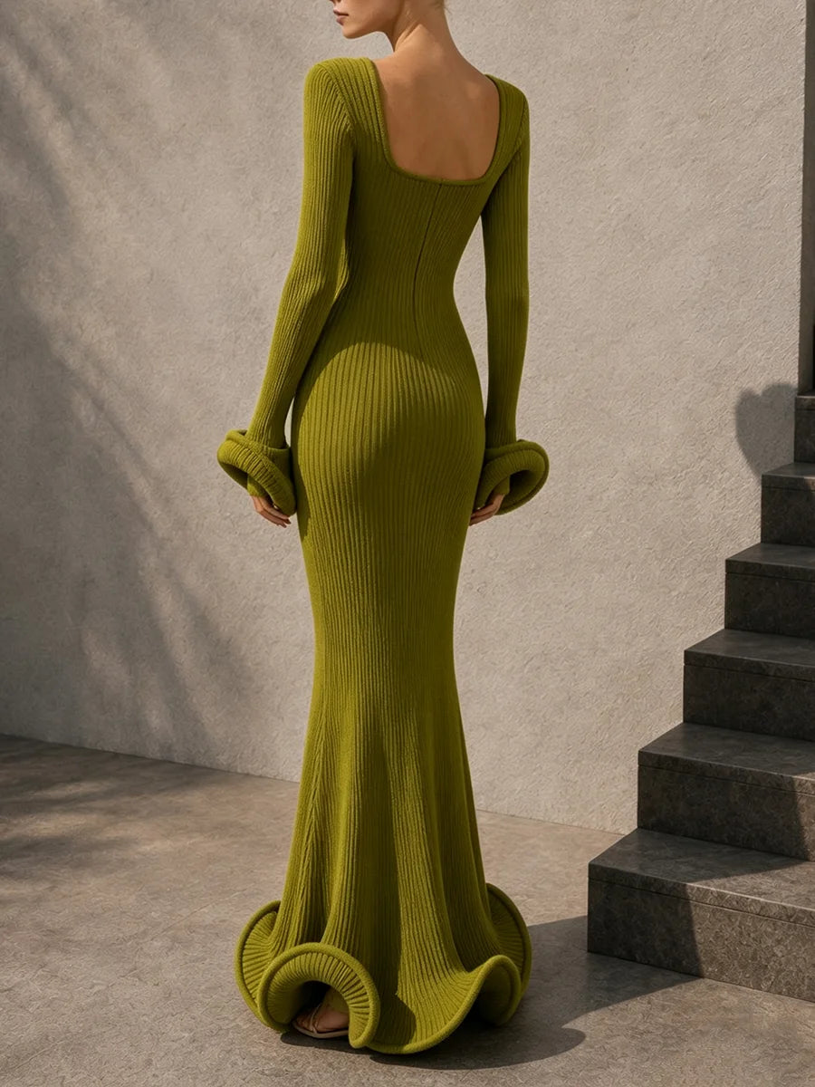 Ribbed square neck maxi dress with ruffled cuffs and hem, back view