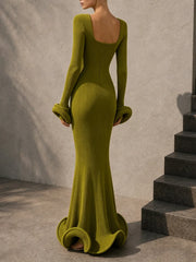 Ribbed square neck maxi dress with ruffled cuffs and hem, back view