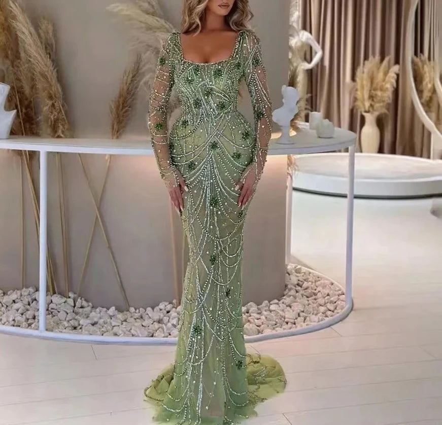 Green Mermaid Beaded Square collar Formal Long Gowns 